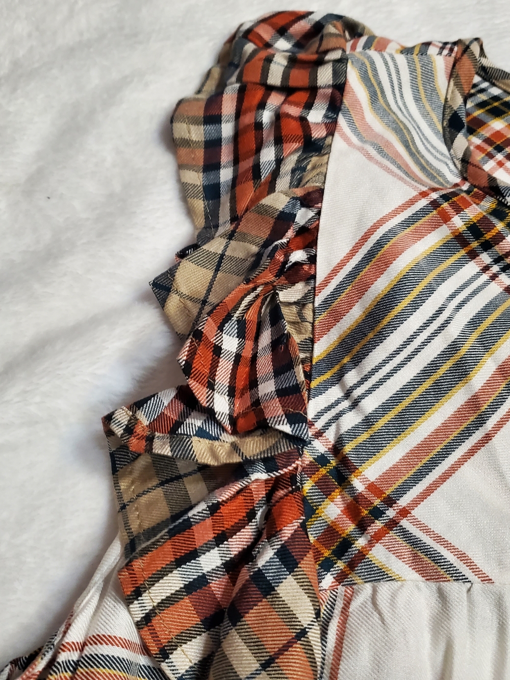 Time and Tru White Plaid Ruffle Sleeveless Top - Rust & Olive - Picture 5 of 6